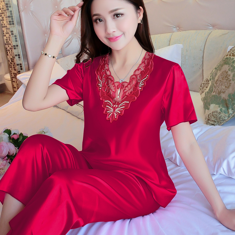 夏季睡衣女夏天冰丝九分裤套装短袖两件套女士新款薄款丝绸家居服