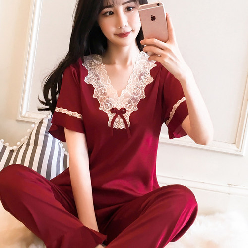 女夏款两件冰丝绸短袖长裤睡衣