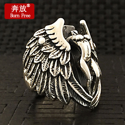 Born Free/奔放S925纯银复古个性断头守护天使翅膀戒指男女款指环
