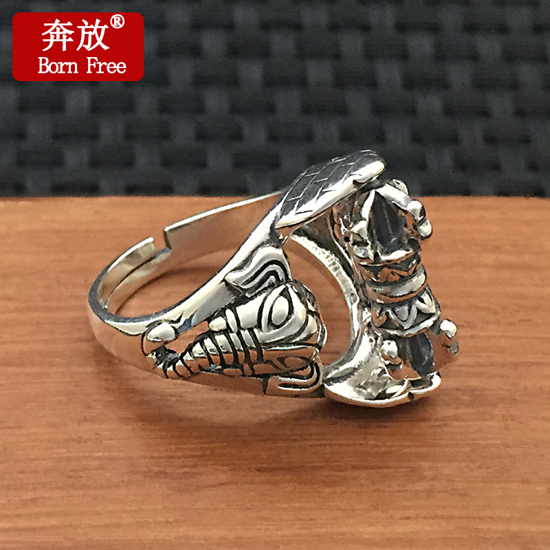 Born Free/奔放S925纯银饰品手工复古泰银象鼻财神金刚杵戒指指环
