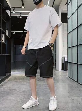 夏季新款男士简约套装痞帅短袖网红成熟帅气男装一潮牌夏季休闲服