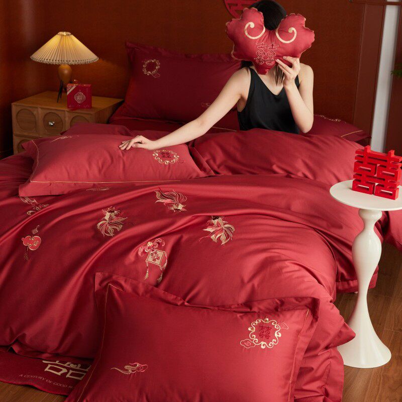 100S长绒棉四件套红色纯棉结婚床上喜被提花刺绣浪漫婚嫁被套