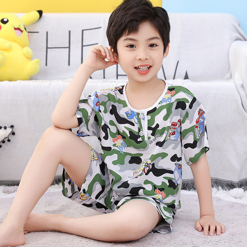 夏季短袖短裤儿童绵绸睡衣迷彩棉绸男童女童小孩子宝宝薄款家居服