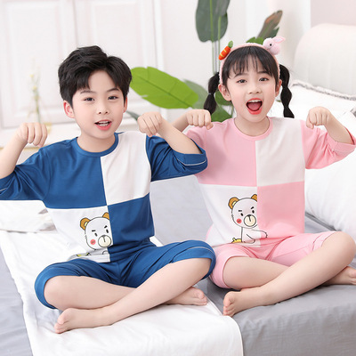 儿童莫代尔睡衣夏季薄款七分袖中裤套装小熊男孩女童宝宝家居服