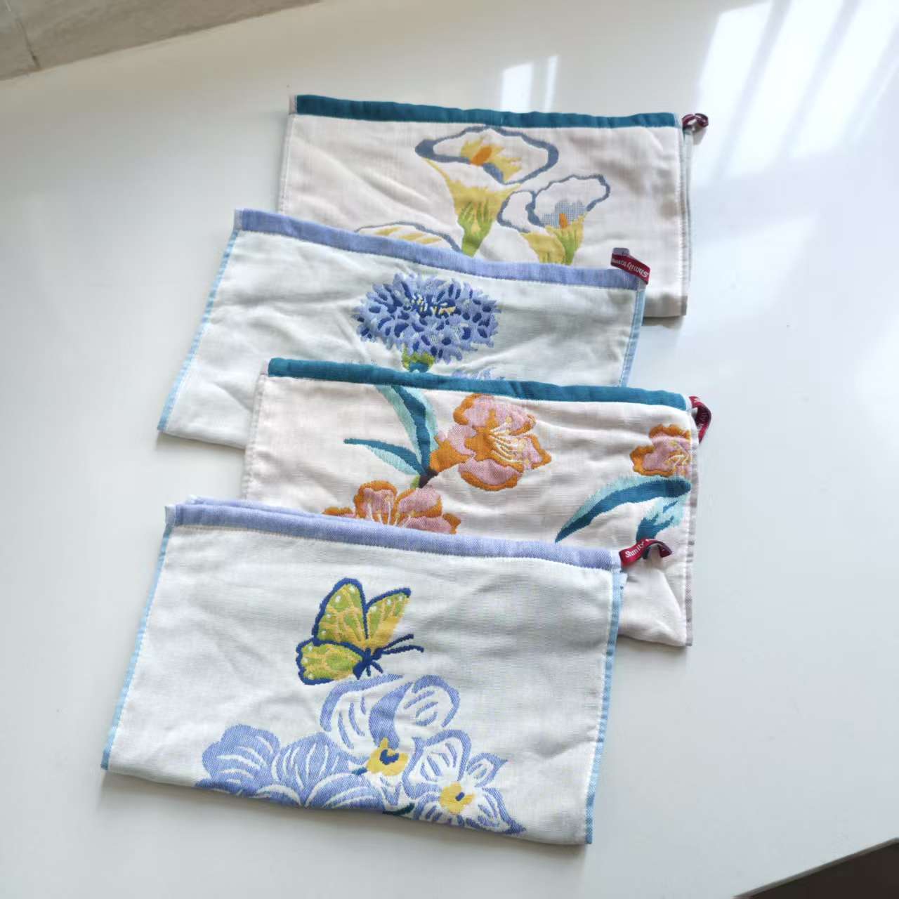 中式纯棉花卉4层纱布厨房毛巾擦手巾超柔软吸水带挂绳家事巾提花