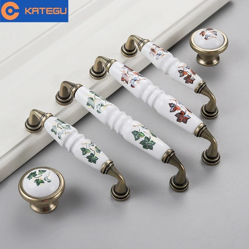 卡特固锌合金陶瓷拉手中式衣柜门酒柜精黄花纹家具拉手厨房门把手