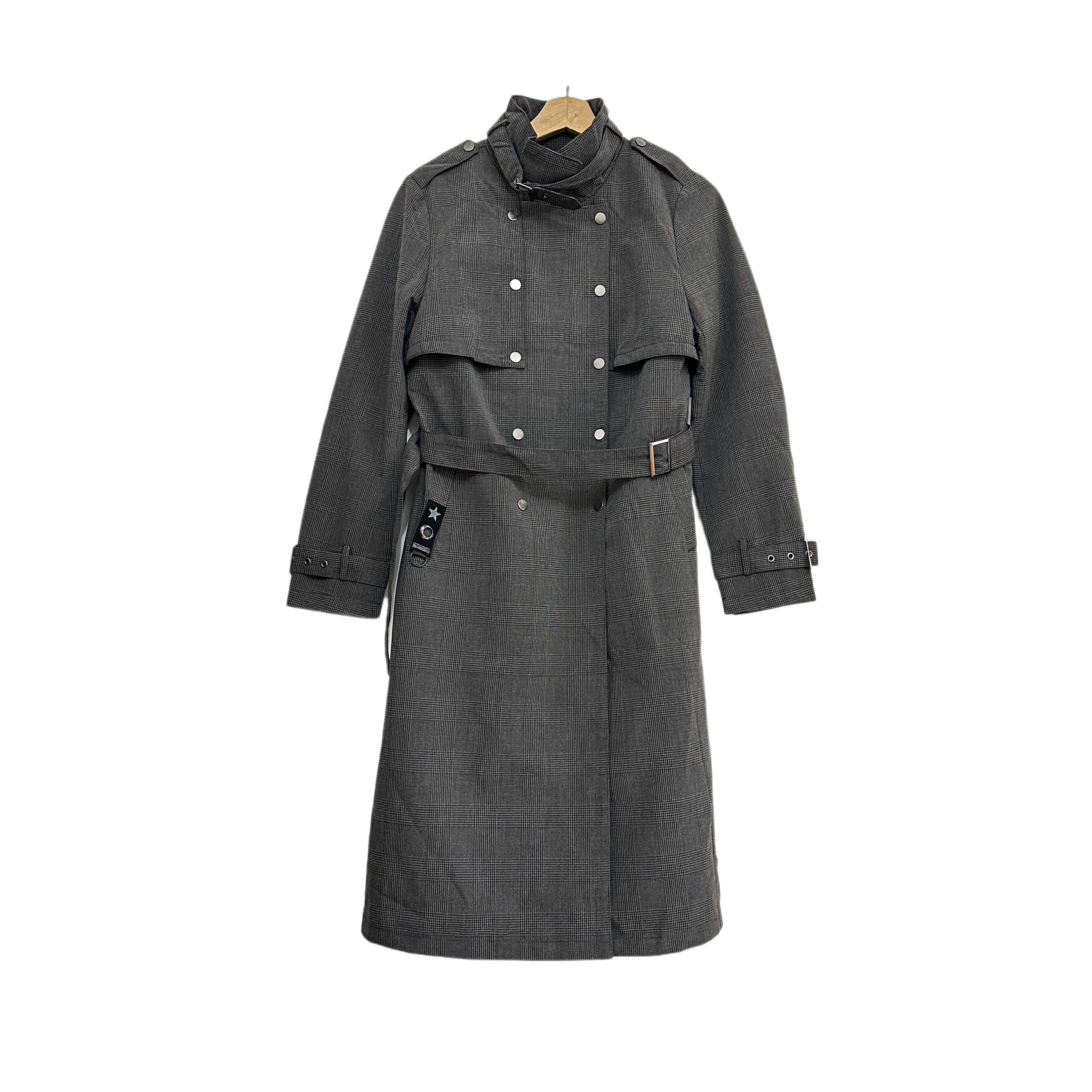 圣迪折扣女装 时尚英伦复古气质灰格纹系带收腰立领长风衣外套,女装/女士精品,风衣,淘宝优惠券,粉丝福利购,淘宝优惠卷