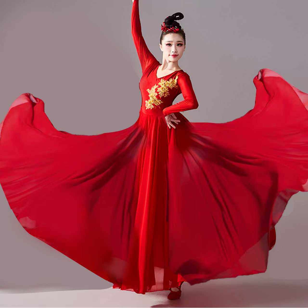 开场舞大摆裙光亮舞蹈新疆民族舞红色主题女万疆演出服古典扇子舞
