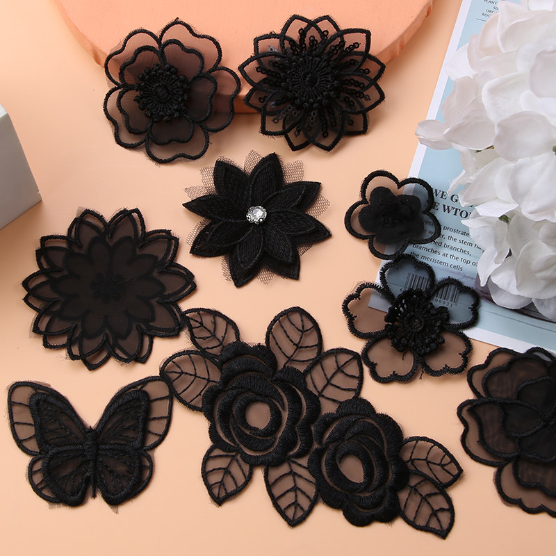 黑色欧根纱布贴熨烫贴衣服裙子裤子花朵图案蕾丝装饰破洞修补无痕
