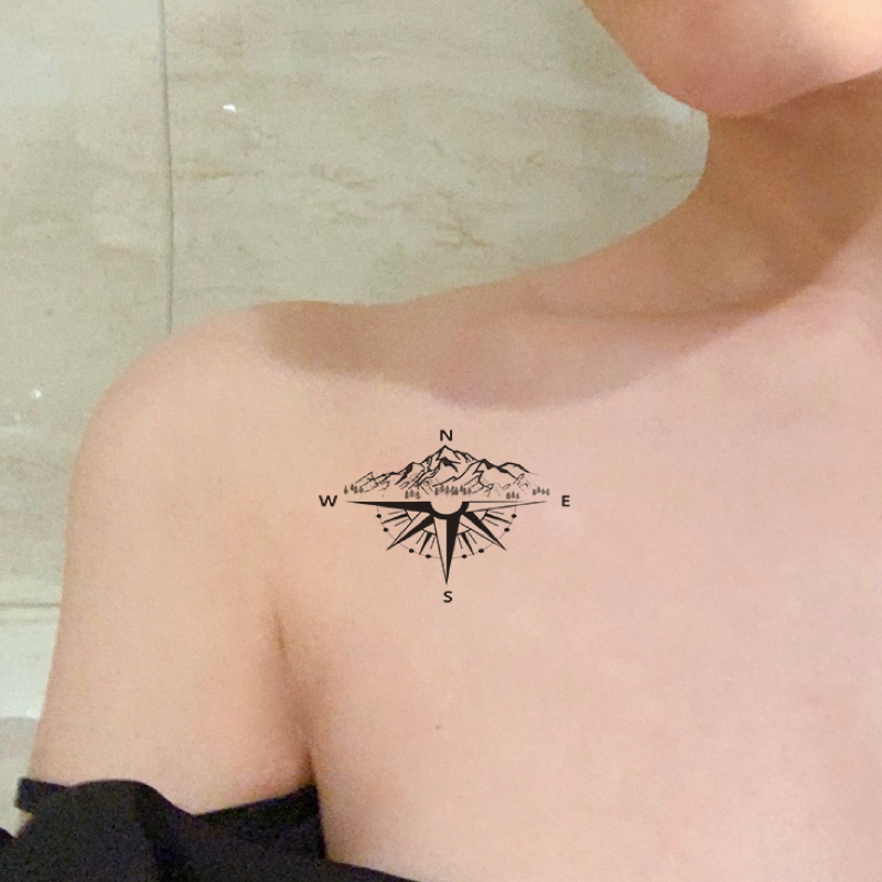 设计感山脉指南针纹身贴 个性持久可爱小清新彩绘性感原创贴纸