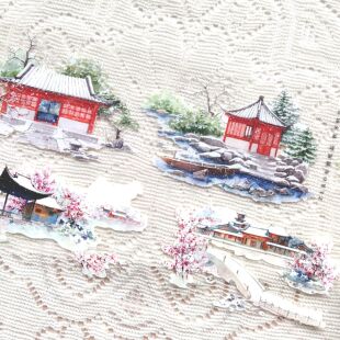 分装秋冬时景梅园冬色古风亭台楼阁雪景手帐胶带pet拼贴造景装饰