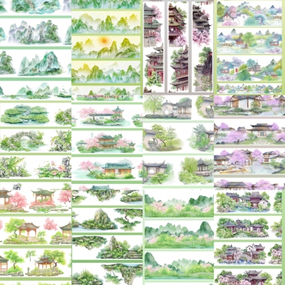 分装亭台楼阁江南林园浣花溪春城飞花静安一隅古风造景手帐胶带