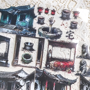 自制中式暗黑恐怖宅院门井石狮子pet手帐胶带拼贴装饰咕卡造景贴