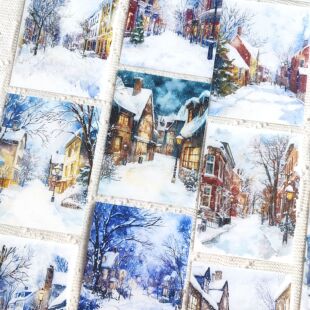 自制冬季雪镇雪景和纸pet打底拼贴装饰冬季造景贴画咕卡背景胶带