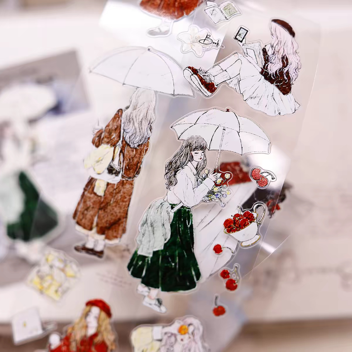 小白家分装生活漫卷花间少女模切pet轻复古盐系人物手帐胶带贴画