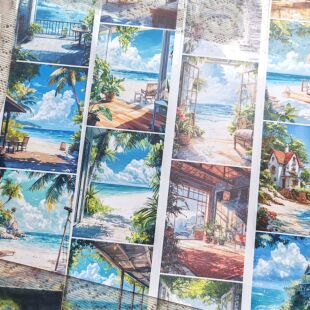 自制海边房屋海边度假大背景无白墨造景拼贴装饰打底胶带咕卡贴画