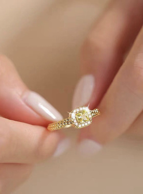 【银屿】s925纯银新款小方糖黄钻戒指女气质高级感麻花开口食指戒