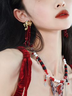 【荼靡旧梦】金象泪珠｜法式复古新年红长款夸张甜酷流苏耳钉耳环