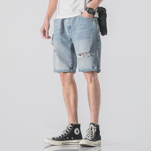 破洞牛仔短裤男夏季潮流破烂五分裤男士宽松透气浅色中裤