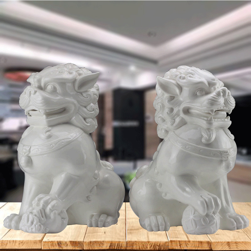 德化陶瓷狮子摆件一对客厅工艺品