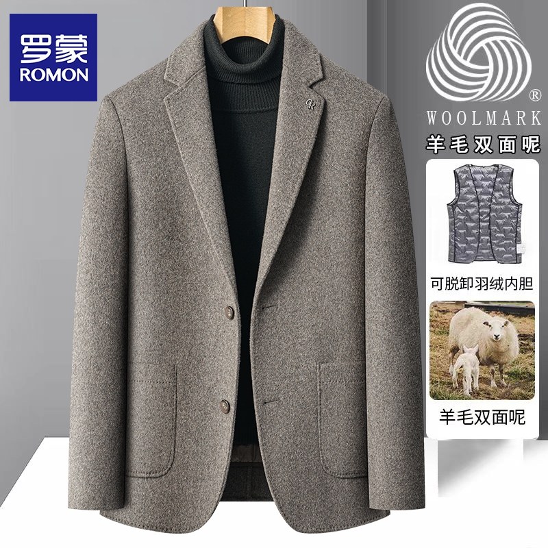 罗蒙2025新款毛呢大衣男短款冬季加厚羽绒内胆羊毛西服双面呢外套