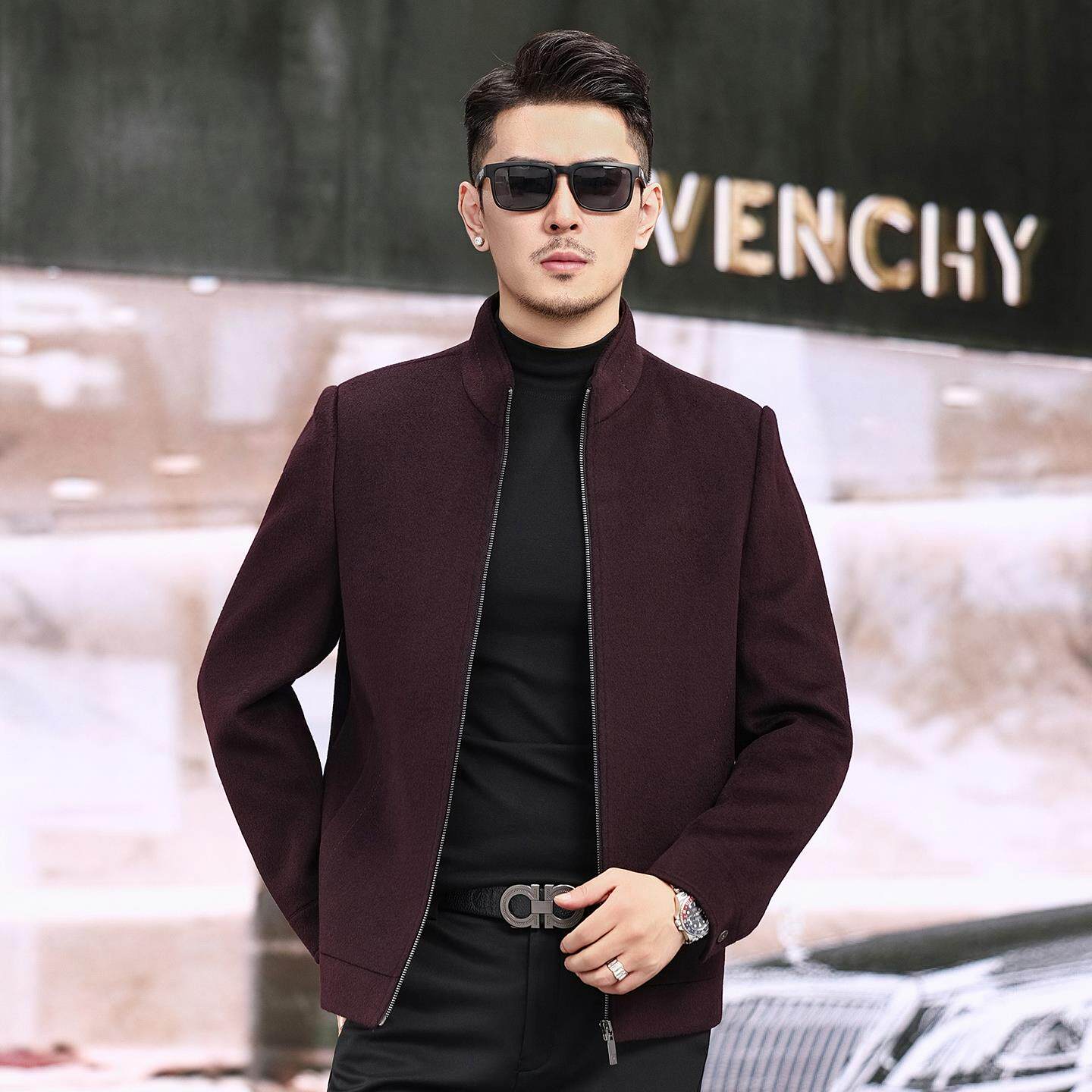 罗蒙立领羊毛夹克男高端商务婚宴中年爸爸上衣秋冬季行政毛呢外套