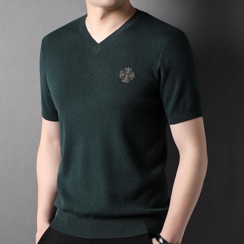 恒源祥羊毛衫男2023秋冬新款套头高级感复古刺绣翻领短袖v领毛衣