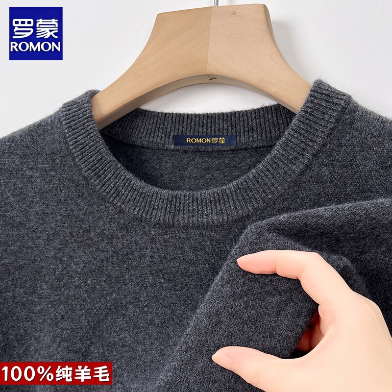 罗蒙100纯羊毛衫男冬季新款圆领套头加厚中年针织打底毛衣羊绒衫