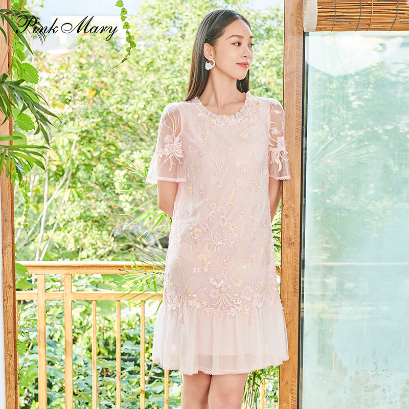 粉红玛丽珠片刺绣气质仙女裙