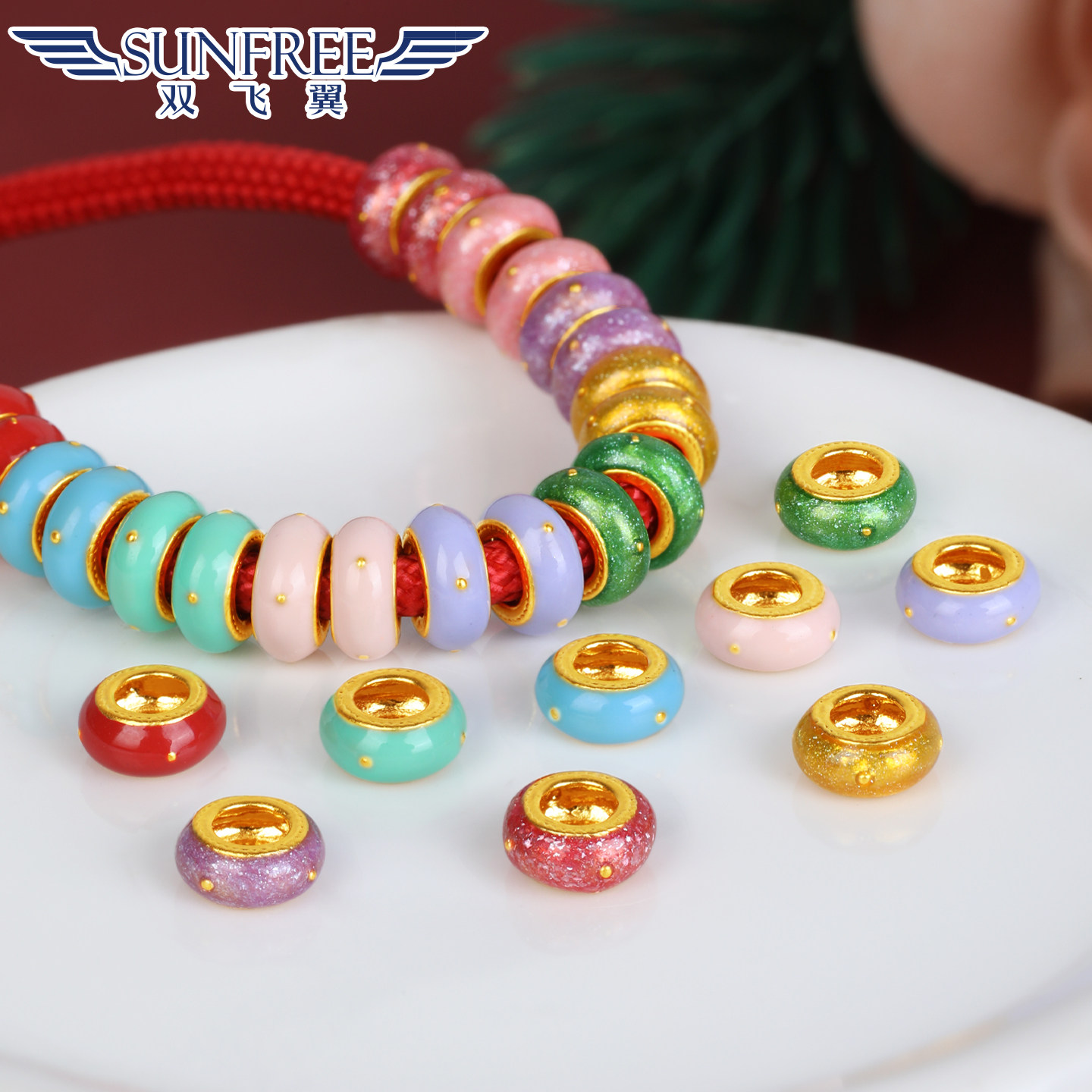 黄金5G烤漆彩色转运珠小金圈大孔糖果色隔珠片足金手链串绳女吊坠
