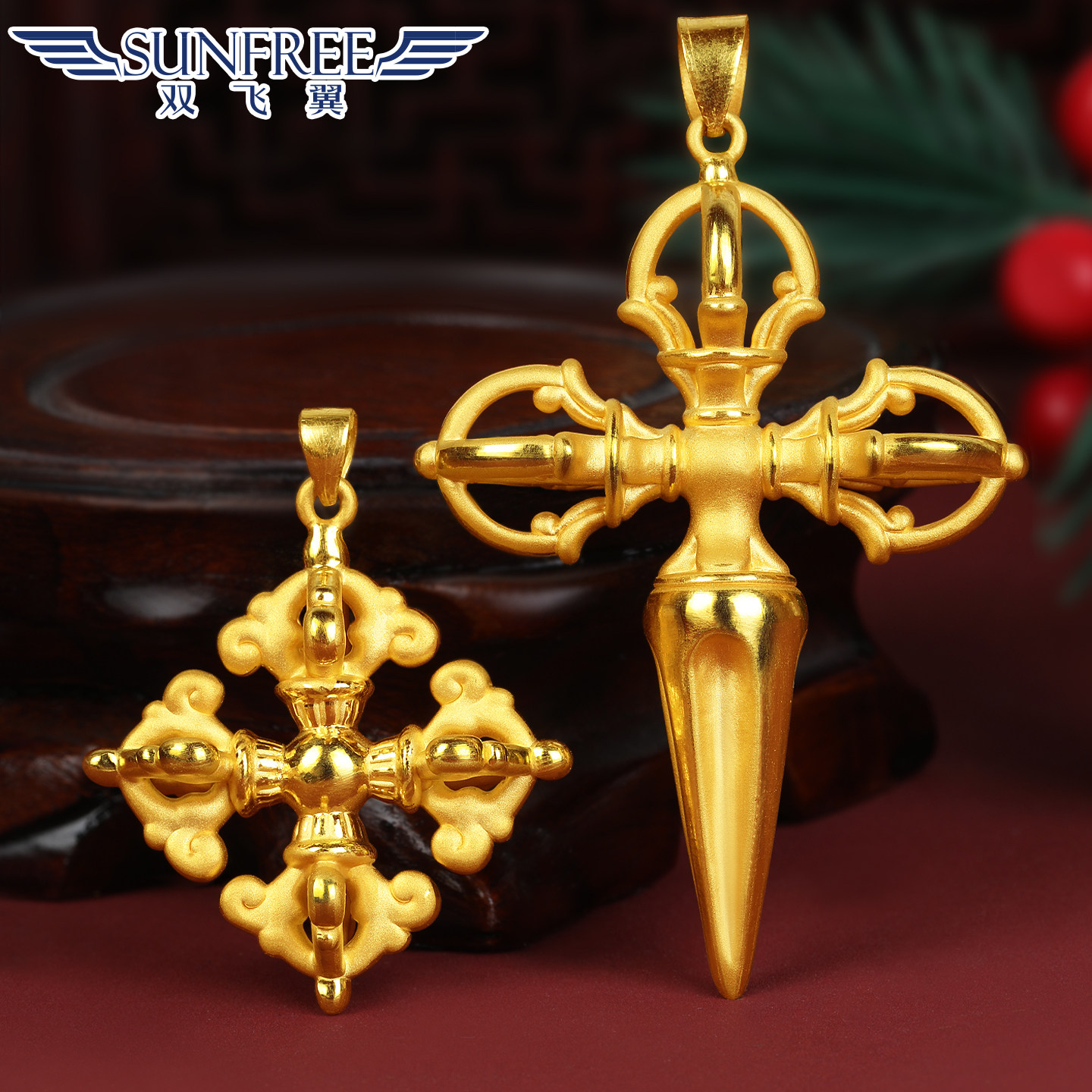 黄金十字架降魔金刚杵吊坠项链足金999挂坠礼物硬金男女款送挂绳