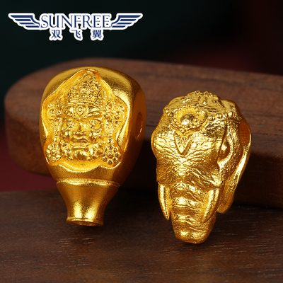 黄金古法黄财神象神佛头三通佛塔一体足金999文玩长手串链配件男