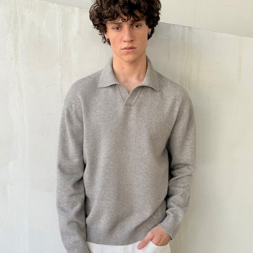 羊毛混纺复古polo领毛织长袖