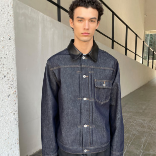 haonanhuang 小羊皮领Type1巴黎扣黑木青光布短宽原牛夹克外套