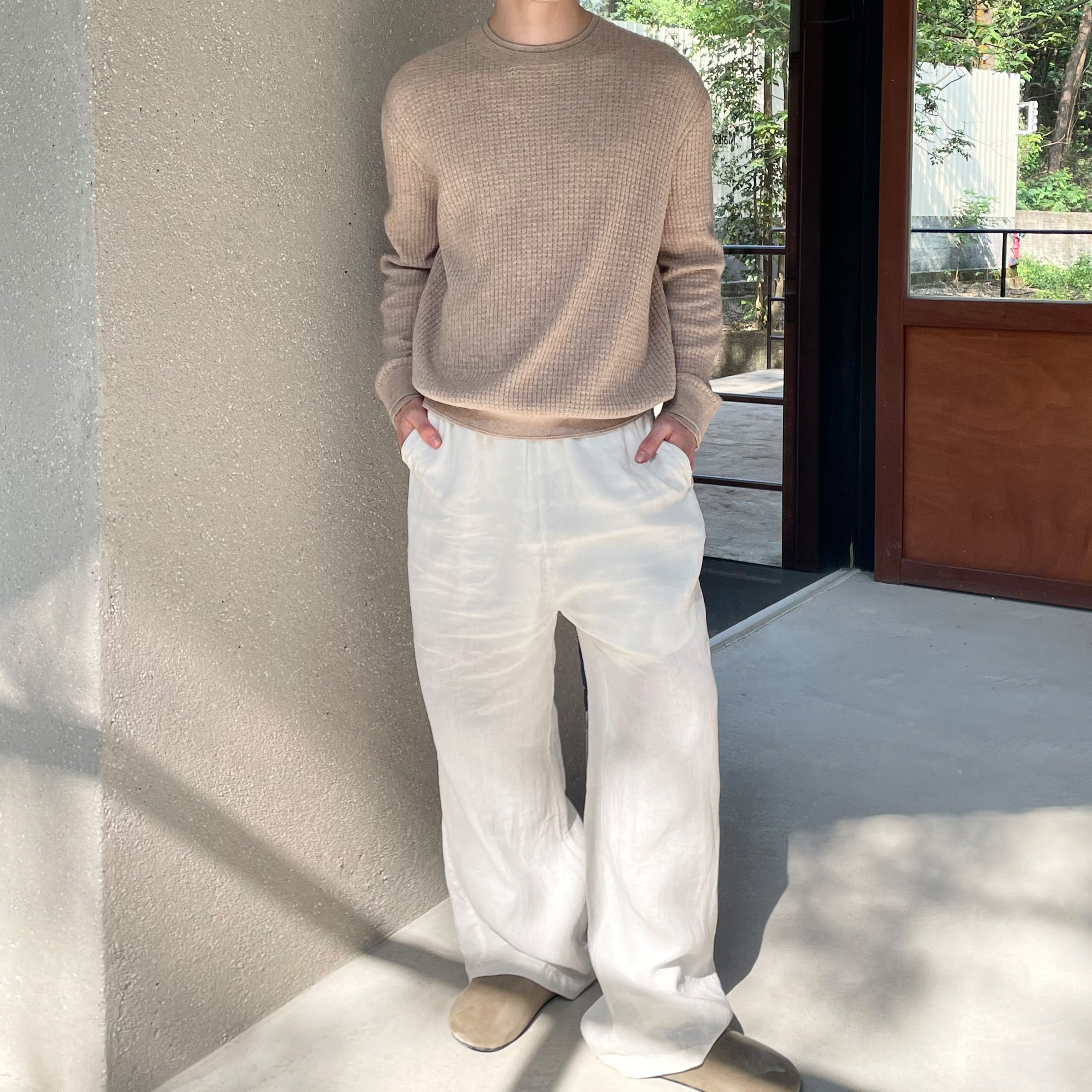 haonanhuang 老钱风65%莱赛尔亚麻混纺松紧抽绳垂坠休闲长裤