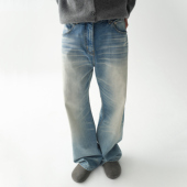 haonanhuang 绿标 蓝线赤耳靛蓝洗水旧化猫须蜂窝宽松牛仔长裤