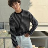 haonanhuang 复古麻纱捻纱慵懒休闲透气条纹拼色针织长袖 t恤