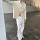 haonanhuang 弹力抗皱复古白色松紧腰围宽松直筒牛仔长裤