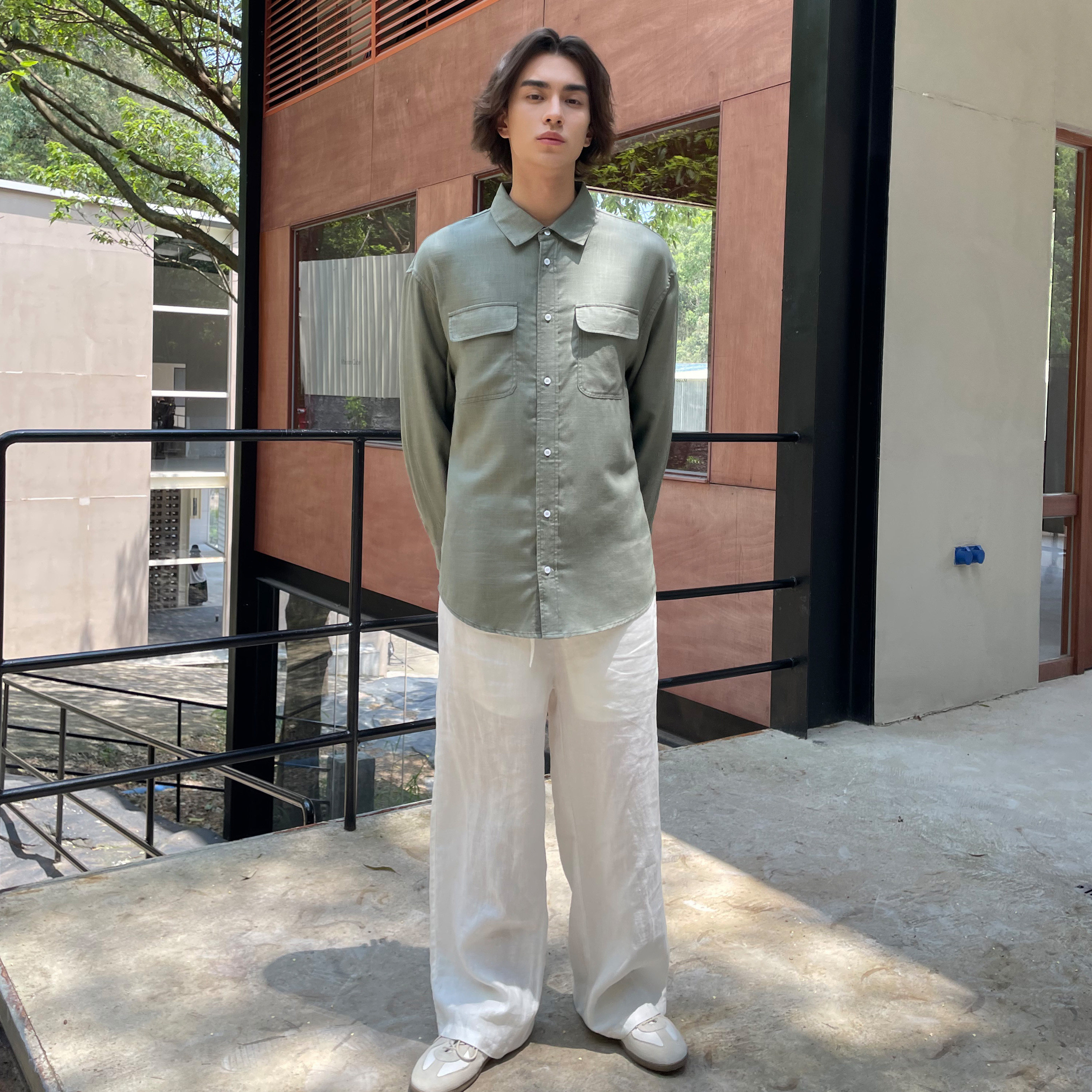 haonanhuang 老钱风88%莱赛尔亚麻混纺轻薄软糯多口袋长袖衬衫