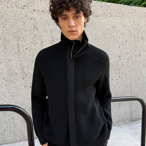 haonanhuang半高领坑条毛衣开衫