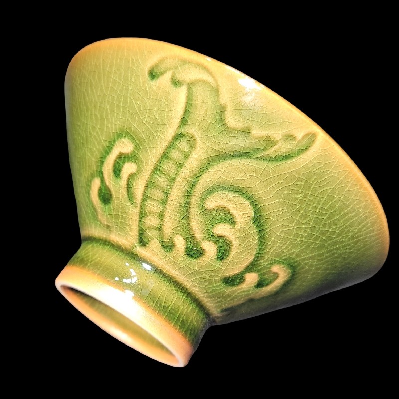 雕刻全手工薄胎建盏茶杯斗笠主人杯全包釉精致冰裂纹翡翠绿鲤鱼