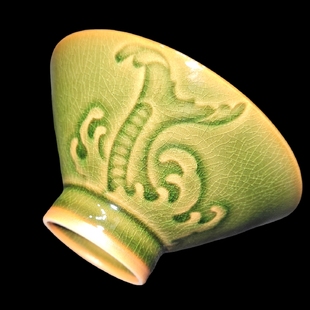 雕刻全手工薄胎建盏茶杯斗笠主人杯全包釉精致冰裂纹翡翠绿鲤鱼