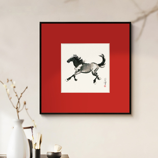 盈浩马年新中式装饰画徐悲鸿《十二生肖》卡纸画实木边框书房挂画