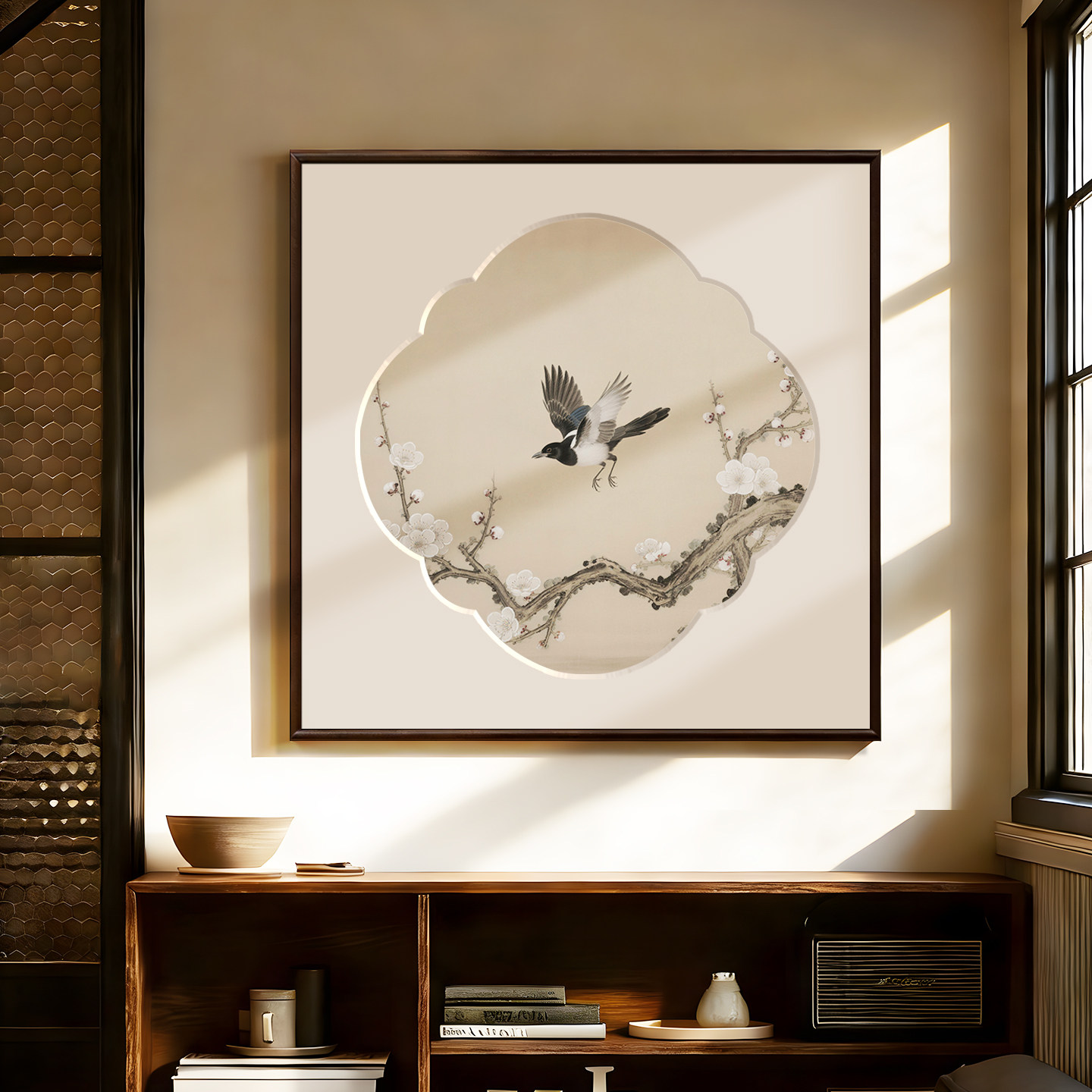 盈浩新中式花鸟装饰画异型卡纸画客厅书房挂画宣纸方形实木画框画