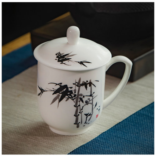 景德镇陶瓷茶杯带盖办公杯会议杯子骨瓷水杯墨竹子家用瓷杯