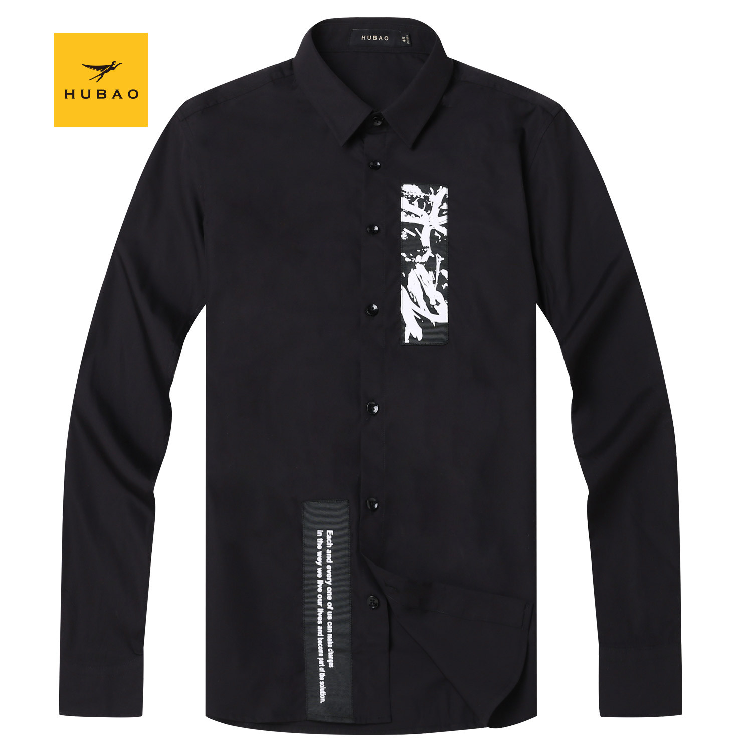虎豹男士黑色时尚休闲长袖衬衫修身春秋痞帅衬衣上衣