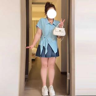 胖mm显瘦遮肚子小衫 大码 T恤女夏季 不规则衬衫 正肩polo领短袖 上衣