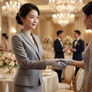 高级氨纶绣花礼仪手套珠宝店广场舞蹈表演黑白色防晒女士高弹薄款