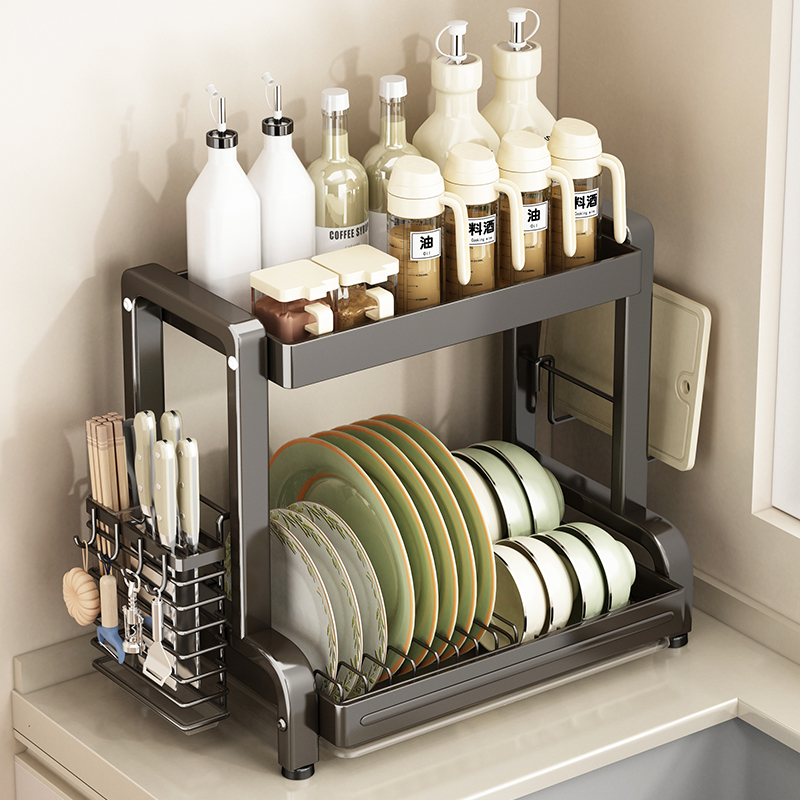 厨房家用台面碗碟调料一体收纳架多功能放碗盘餐具刀筷沥水置物架