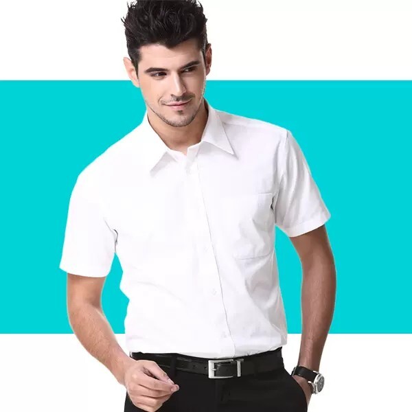 民生银行上班短袖衬衫男修身免烫正装商务行服工作服纯白色衬衣男